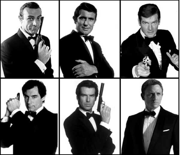 Do topo da esquerda em sentido horário:  Sean Connery, George Lazenby, Roger Moore, Daniel Craig, Pierce Brosnan e Timothy Dalton (photo by thekliqnation.com)
